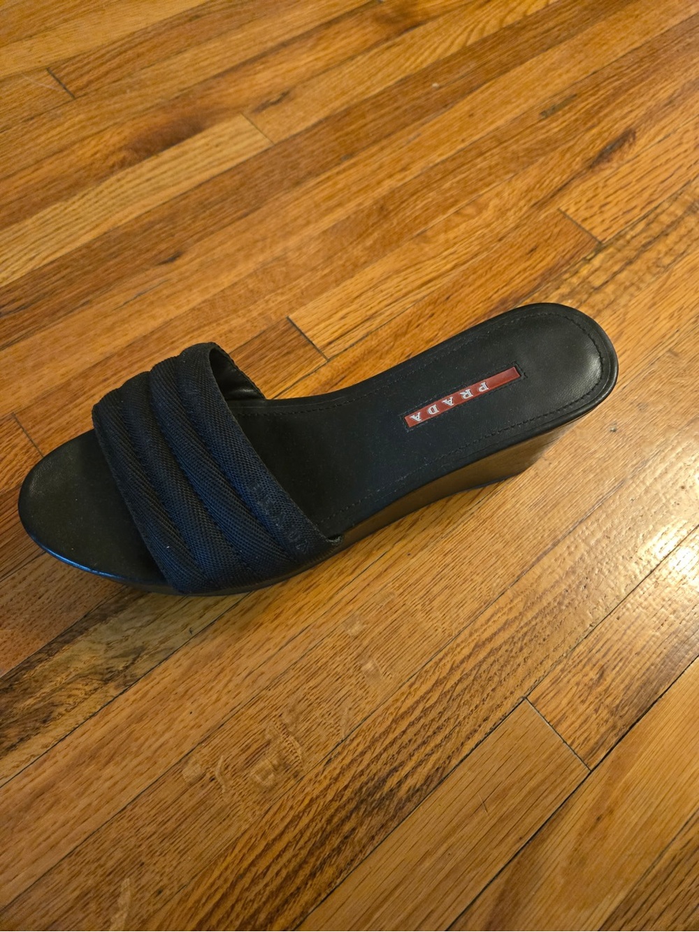 Prada Black Fabric Strap Wedge Mule